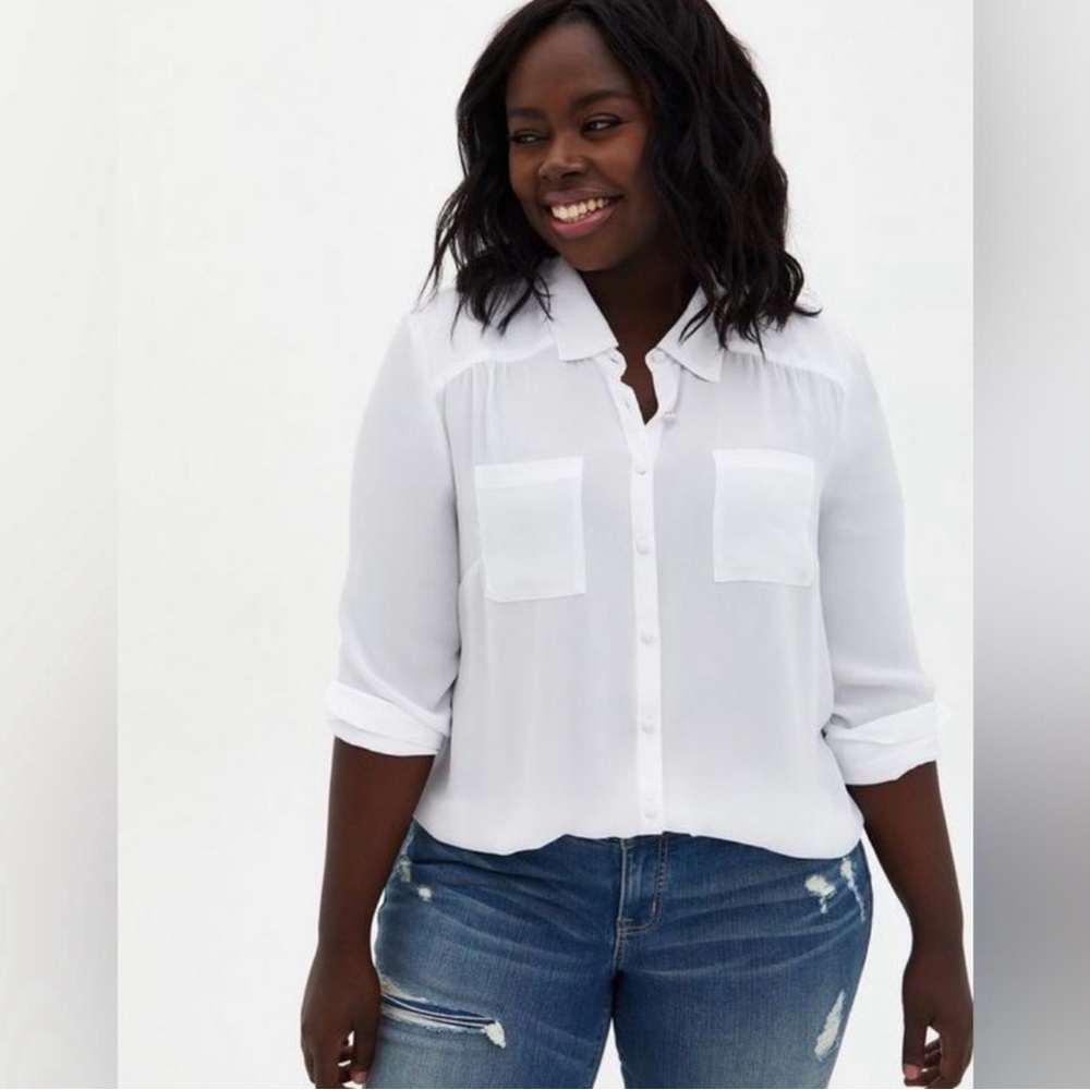 Torrid White Madison Georgette Button-Up Long Sleeve Shirt